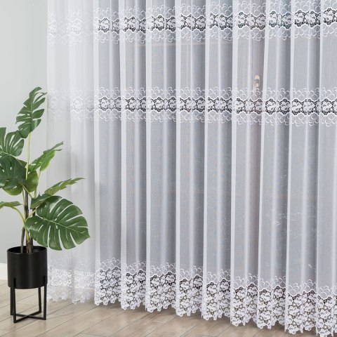 Firanka z aplikacją ze wzorem pasowym, wysokość 280cm, kolor 001 biały 009287/000/001/000280/1