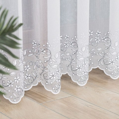 Firanka haftowana ze wzorem pasowym, wysokość 280cm, kolor 049 biały z ciemną szarą nitką 034643/000/049/000280/1