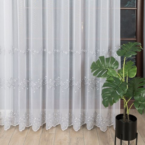 Firanka haftowana ze wzorem pasowym, wysokość 280cm, kolor 049 biały z ciemną szarą nitką 034643/000/049/000280/1