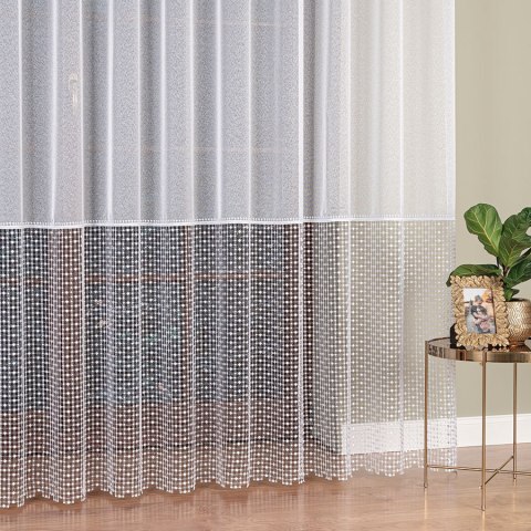 Firanka z aplikacją na markizecie ze wzorem pasowym, wysokość 280cm, kolor 680 biały z białym dołem 081778/433/680/000280/1 Firanka z aplikacją na markizecie ze wzorem pasowym, wysokość 280cm, kolor 680 biały z białym dołem 081778/433/680/000280/1