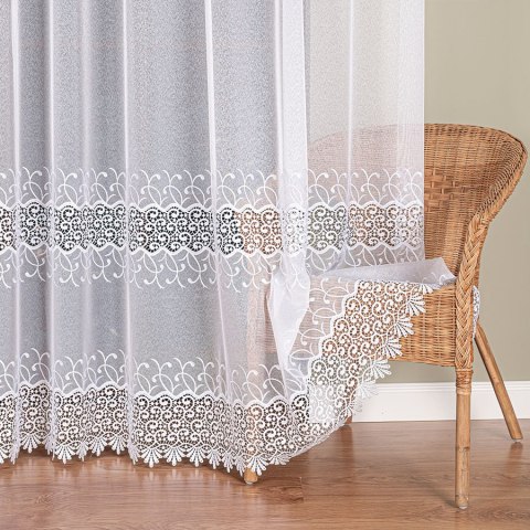 Firanka z aplikacją na markizecie ze wzorem pasowym, wysokość 280cm, kolor 001 biały 081938/433/001/000280/1