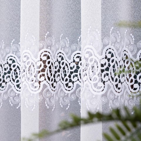 Firanka z aplikacją na markizecie ze wzorem pasowym, wysokość 280cm, kolor 001 biały 009393/433/001/000280/1