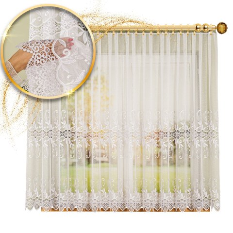 Firanka z aplikacją na markizecie ze wzorem pasowym, wysokość 160cm, kolor 001 biały 122467/433/001/000160/1