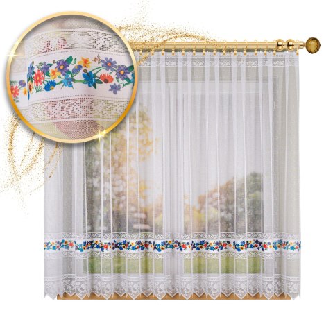 Firanka żakardowa ze wzorem pasowym, wysokość 160cm, kolor 621 z zielonym 007972/000/621/000160/1