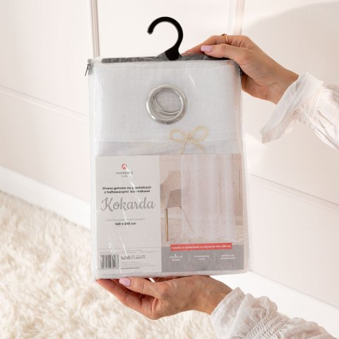 KOKARDKA Firana gotowa na etaminie, haftowana, na taśmie, z ołowianką, szerokość 140 x wysokość 250cm, kolor 001 biały ze srebrn